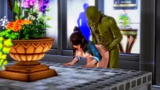 Abspielen Die exhibitionistische hentai-lady hat sex mit einem grünen mann, während andere leute sich neue gameplay-elemente ansehen